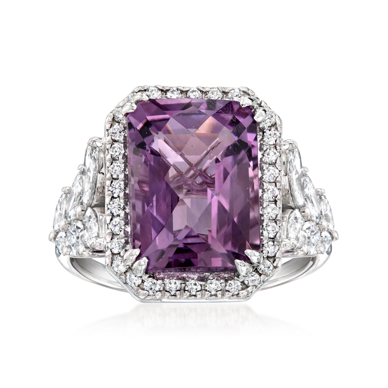 Amethyst and diamond ring, cushion-cut amethyst center in white gold with side diamonds.