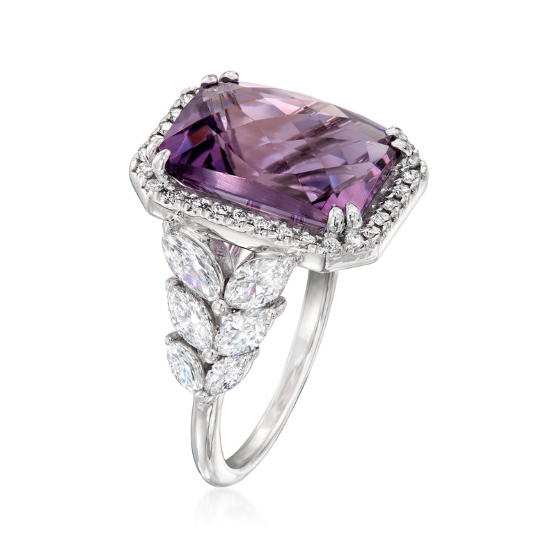 Amethyst and diamond ring, angled view with large square amethyst center and diamond halo.
