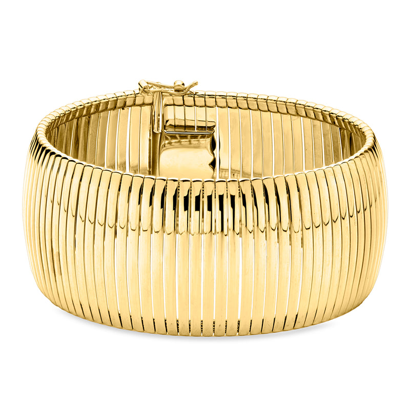 14kt yellow gold-plated Cleopatra cuff bracelet, ribbed hinged bands, clasp