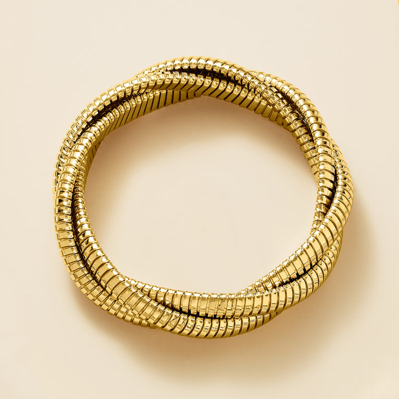Gold-plated three-strand twisted bracelet coil links in yellow gold tone