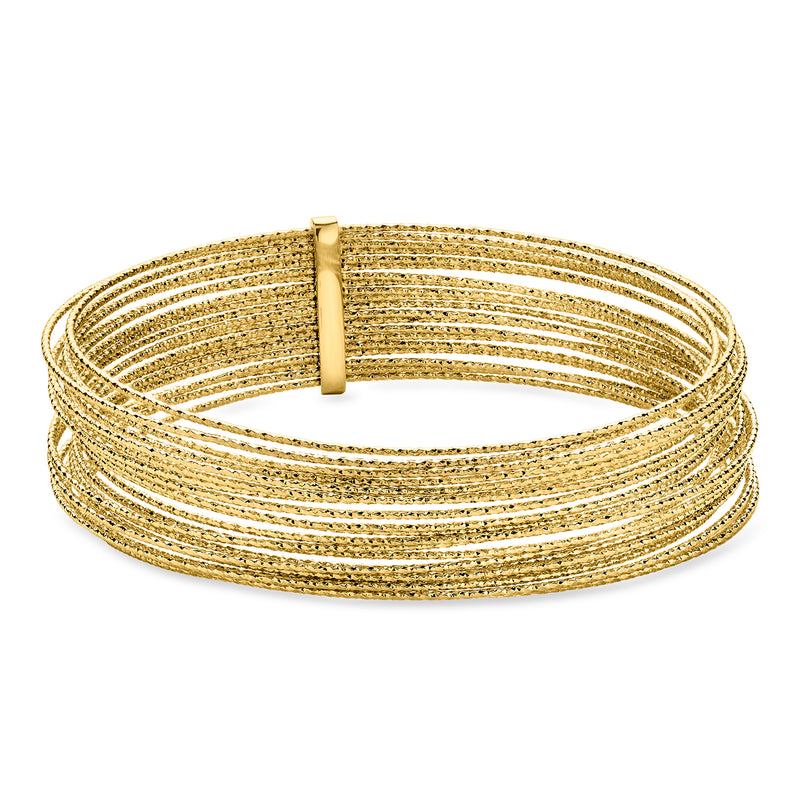 Yellow gold-plated multi-strand bangle bracelet with clasp bar at center