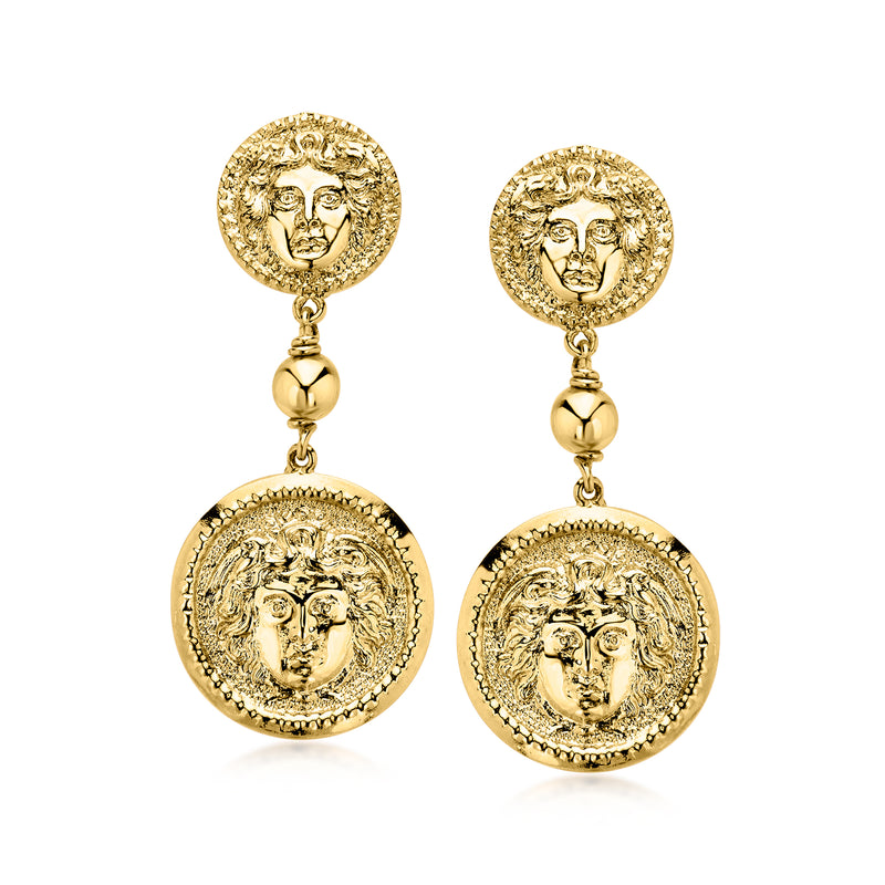 Yellow gold-plated drop earrings with round face medallion coins and bead dangles