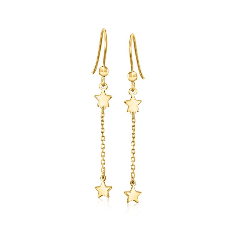 10kt yellow gold star drop earrings with two dangling star charms and fine chain
