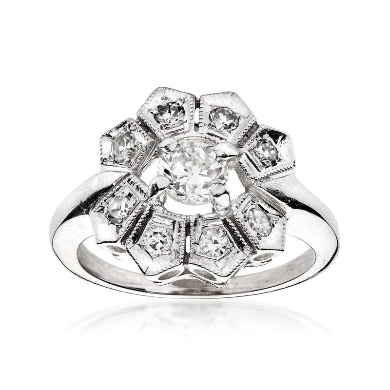 Vintage 14kt white gold diamond filigree ring with round center stone and side diamonds