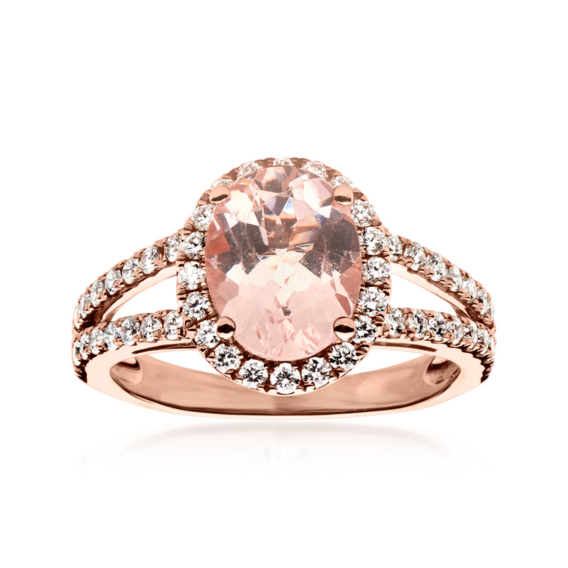 Rose gold morganite ring with oval center stone and diamond halo
