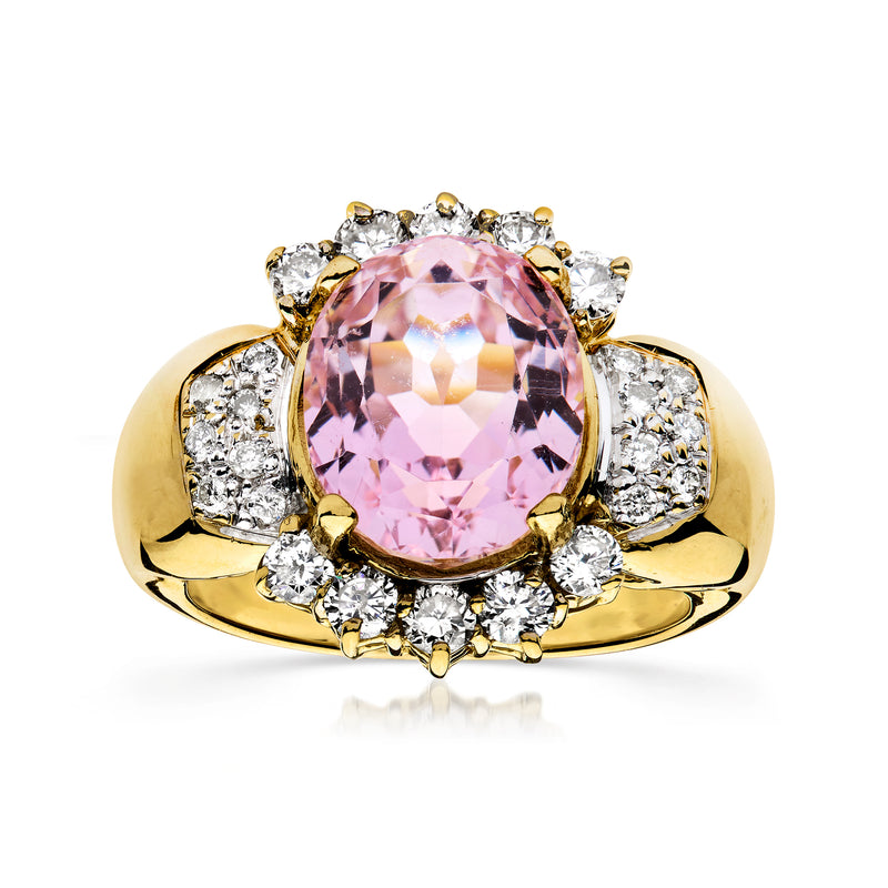 18kt yellow gold kunzite ring with pink oval gemstone and diamond halo accents