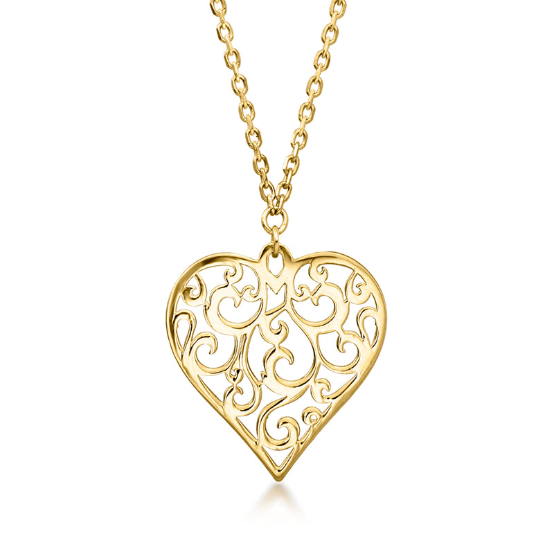 10kt yellow gold swirled heart pendant necklace with openwork heart charm