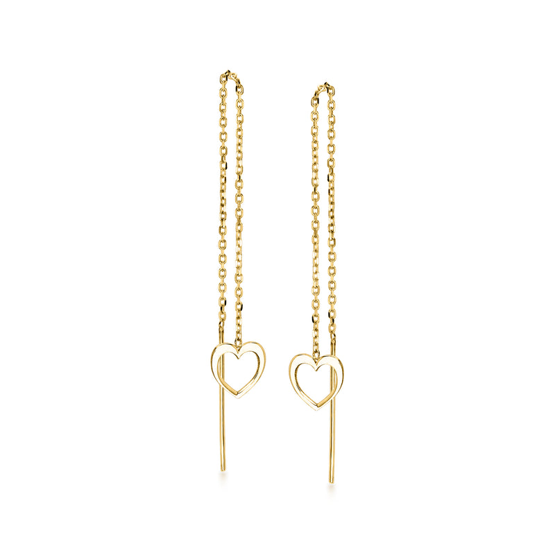 Yellow gold threader earrings with two dangling heart charms