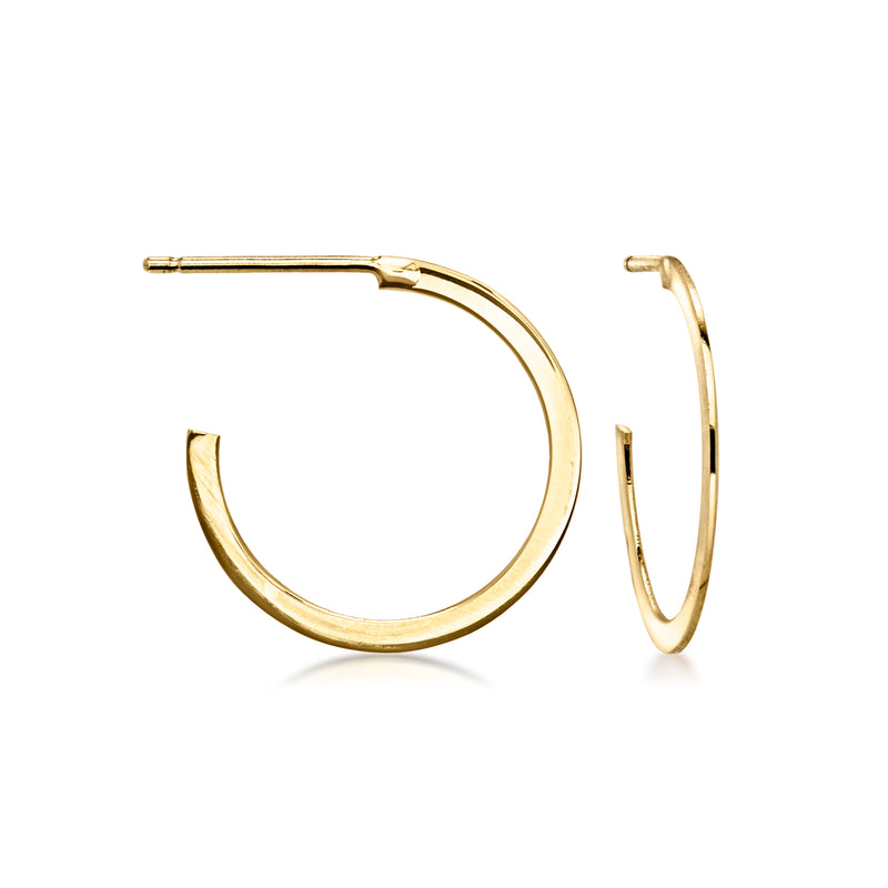 10k yellow gold flat C-hoop earrings, hinged hoops with slim profile