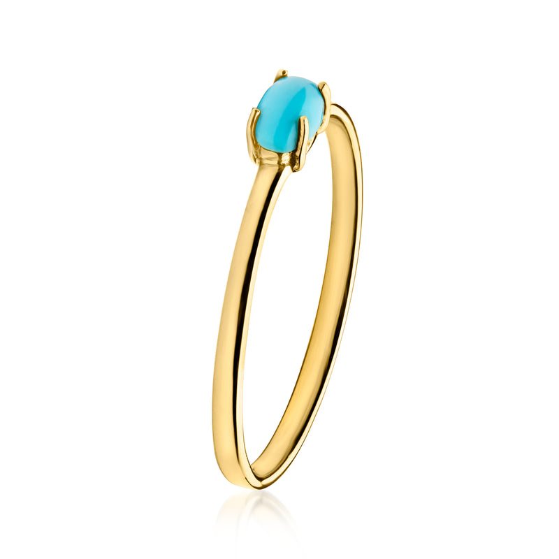 Oval turquoise gemstone yellow gold ring, side view showing smooth band