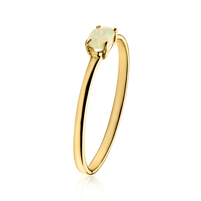 10kt yellow gold opal solitaire ring, oval opal bezel with prongs