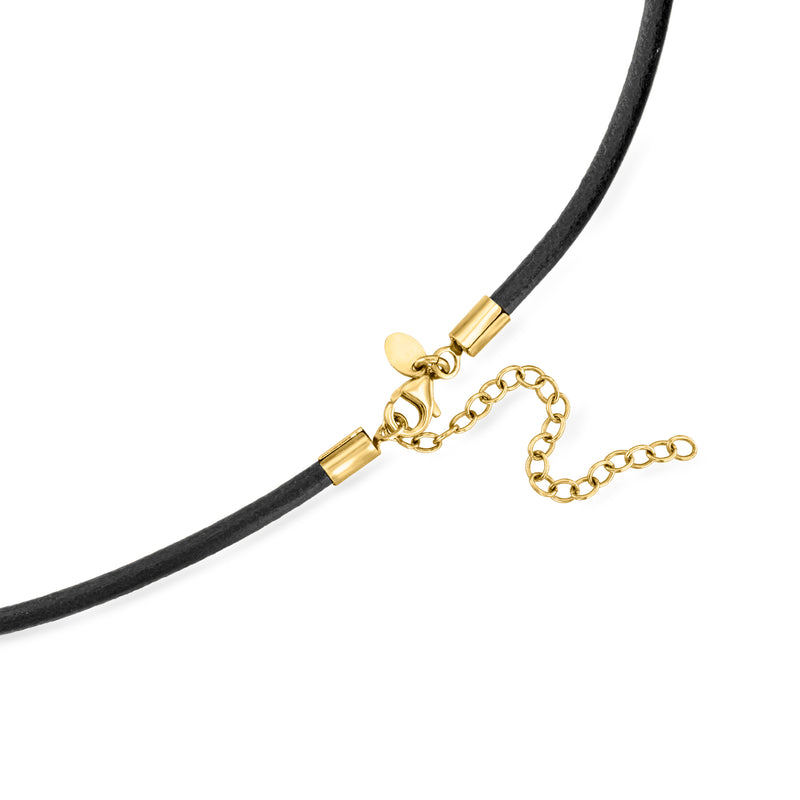 Black leather cord necklace with gold-toned clasp and chain extender