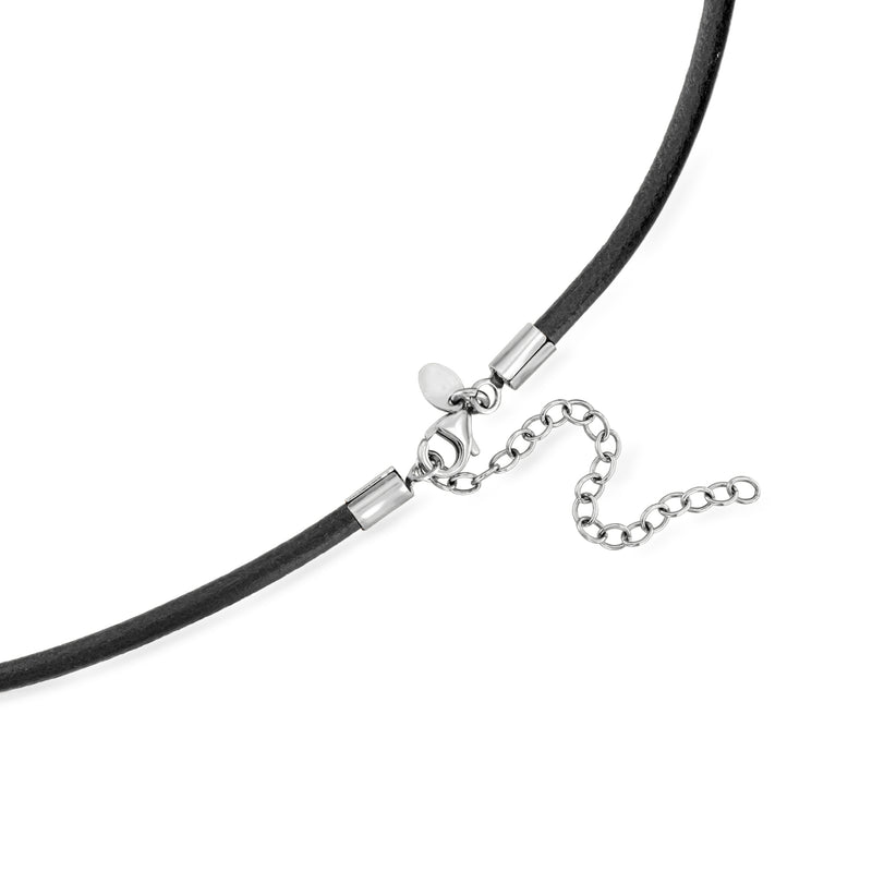 Black leather cord necklace with sterling silver clasp and short chain extender