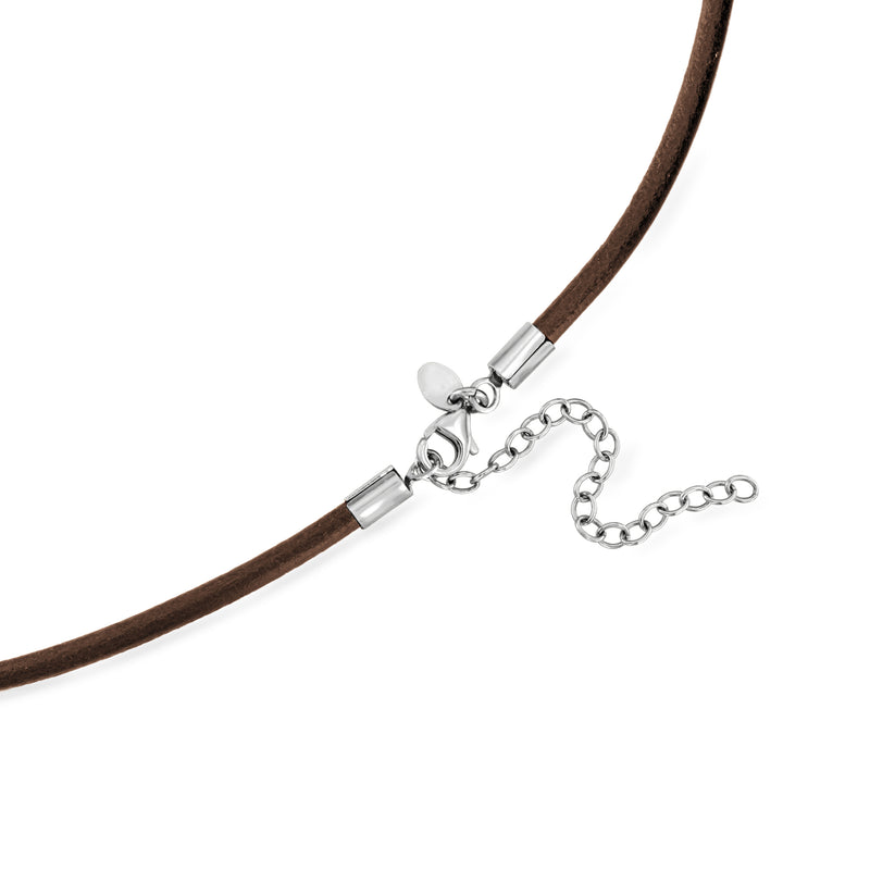 Brown leather cord necklace with sterling silver clasp and chain extender detail