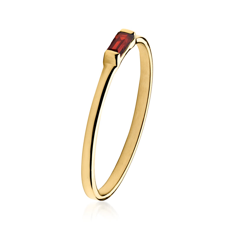 Slim 10kt yellow gold ring with rectangular red garnet bezel setting