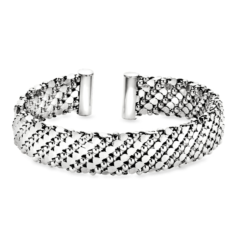 Rhodium-plated patterned cuff bracelet with mesh-like links and silver end posts