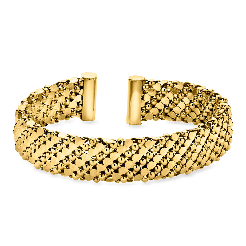 Yellow gold-plated patterned cuff bracelet with textured chain links and wide ends