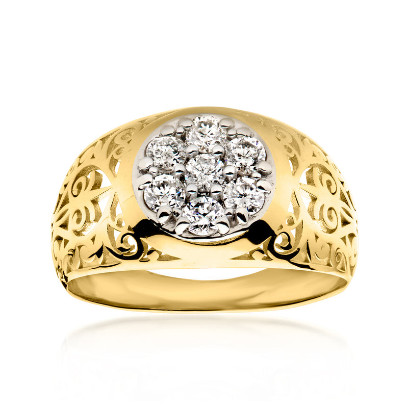 14kt yellow gold openwork diamond cluster ring with oval halo of round diamonds