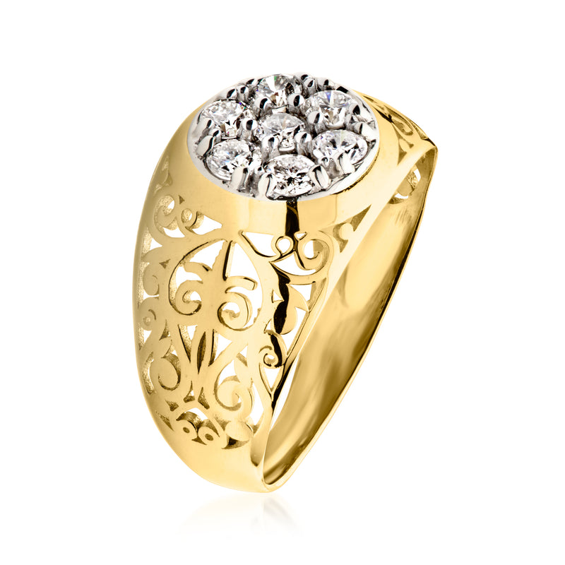 14kt yellow gold openwork diamond cluster ring, side view with oval round-diamond top