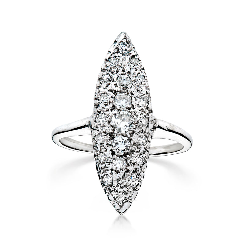 Marquise diamond cluster ring in white gold, open navette-style setting