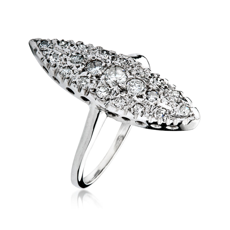 White gold marquise cluster diamond ring, side view of prong-set stones