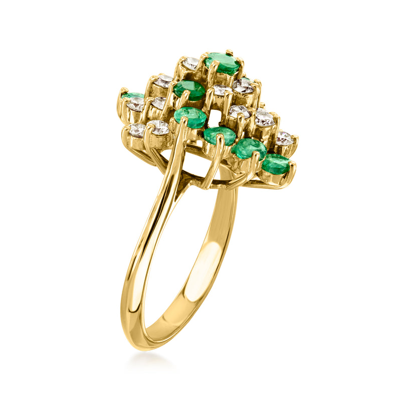 Yellow gold side view ring with emerald green stones and diamond-set squares
