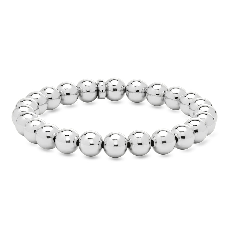 Rhodium-plated bead stretch bracelet with shiny round 8mm beads, elastic fit