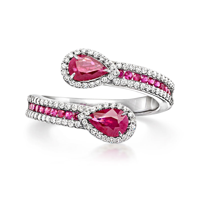 14kt white gold ruby and diamond bypass ring with oval pink stones on two rows