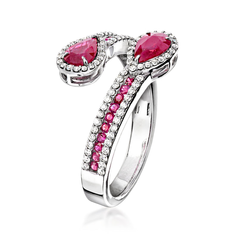 Vintage ruby and diamond bypass ring in white gold