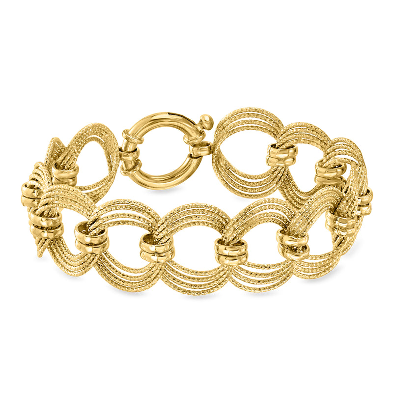 Gold-plated circle-link bracelet with textured ring links and center clasp