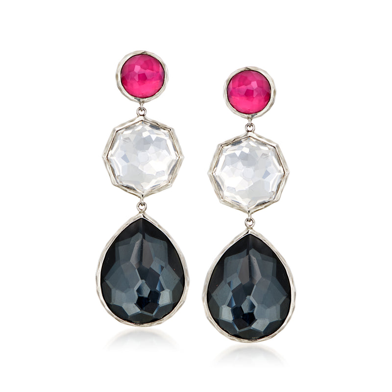 Pair sterling silver drop earrings: pink round, white faceted octagon, black teardrop dangle