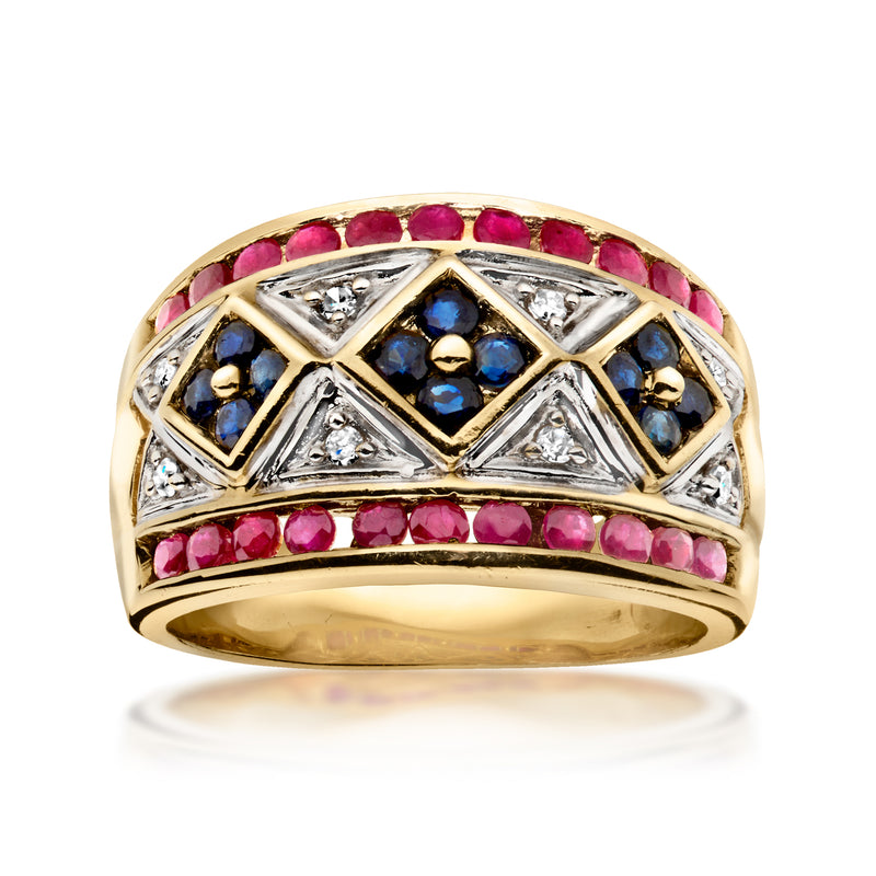 14kt yellow gold vintage ring with ruby, sapphire, and diamond accents, domed top