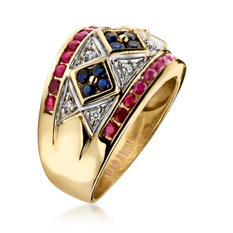 14kt yellow gold vintage ring, side view with ruby bezel, sapphire stones, diamond details