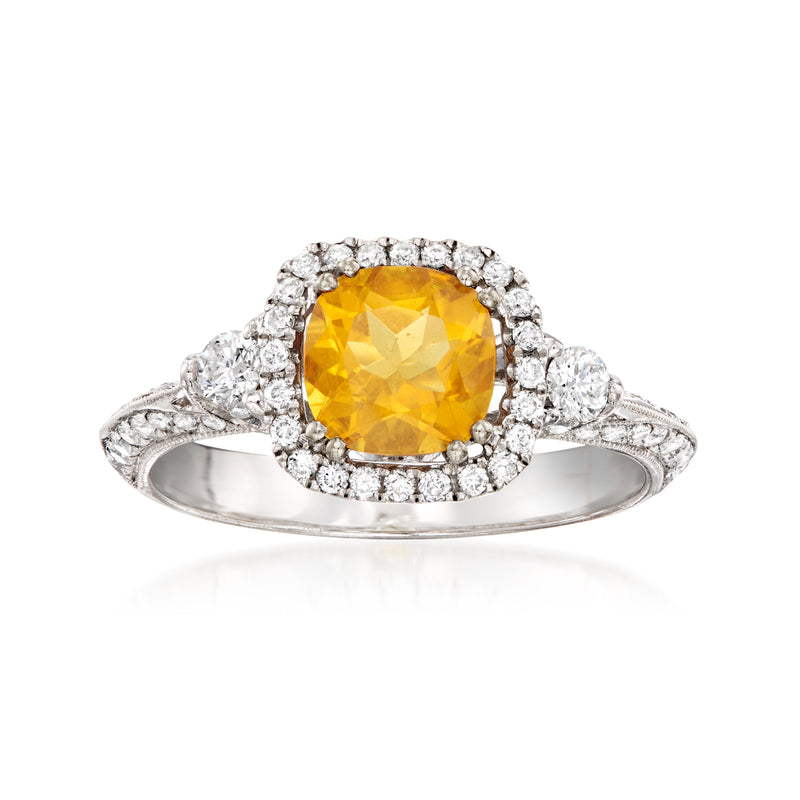 Vintage citrine and diamond ring in white gold with cushion-cut center stone