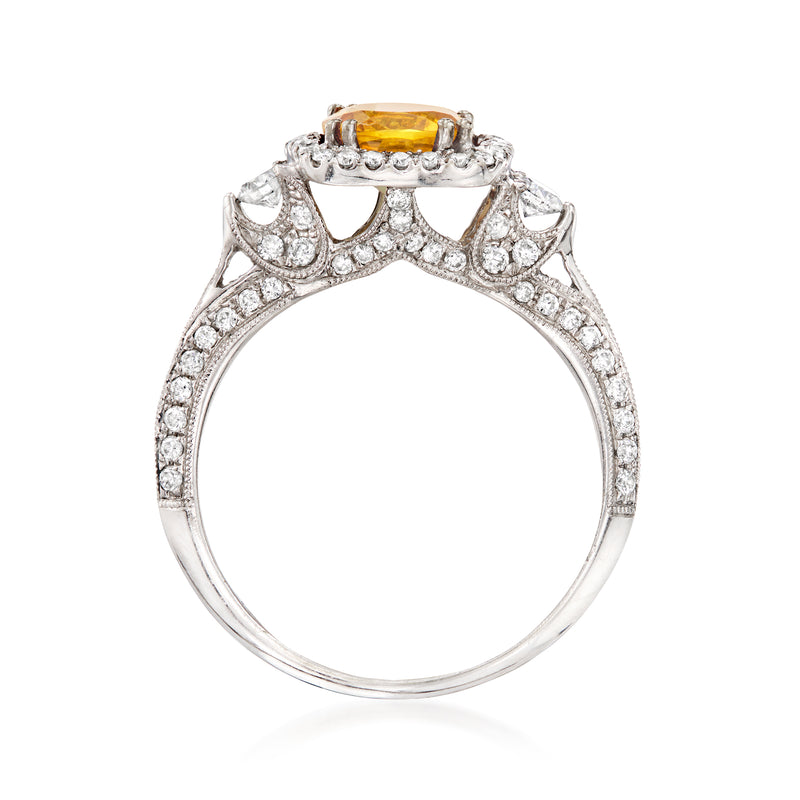 White gold citrine ring with ornate diamond halo and split shank gallery