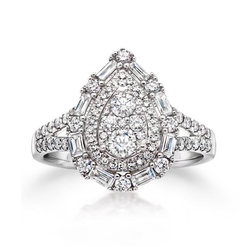White gold pear-shaped diamond cluster ring with halo and baguette accents