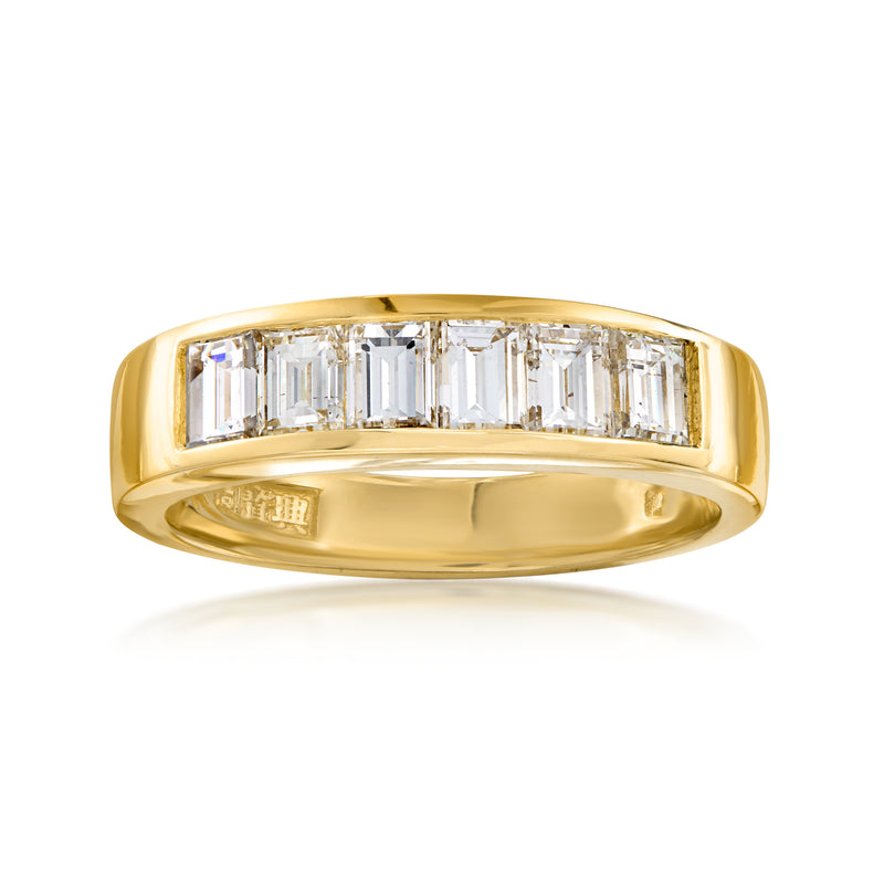 Yellow gold baguette diamond band ring with rectangular stones in a centered row