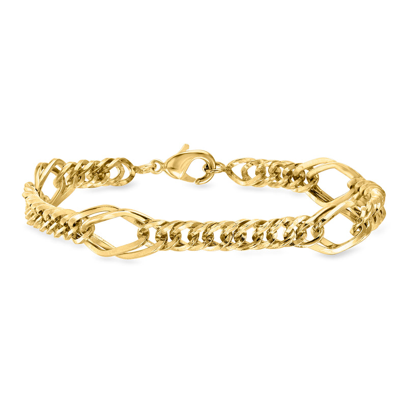 Yellow gold-plated geometric-link bracelet with mixed chain and oval links