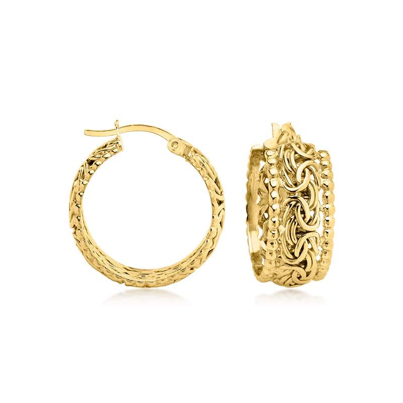 Gold-plated hoop earrings with Byzantine beaded-edge detailing, hinged clasp visible