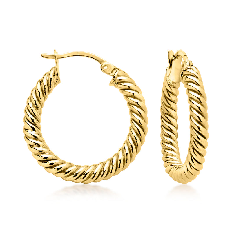Twisted gold hoop earrings with rope-like texture, hinged back