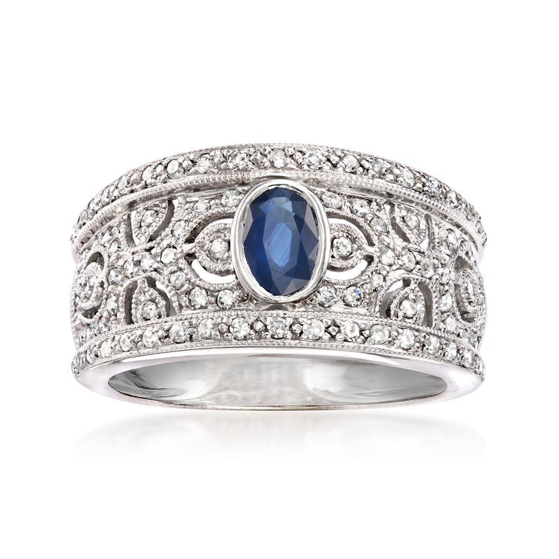 Vintage oval sapphire ring with diamond openwork, white gold band