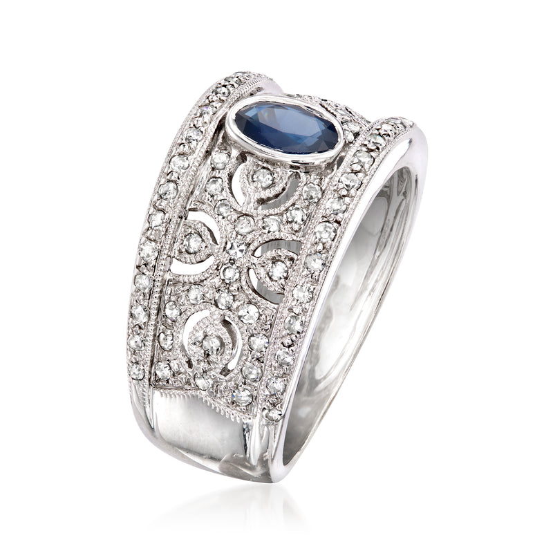 Oval sapphire bezel ring with diamond filigree openwork, white gold