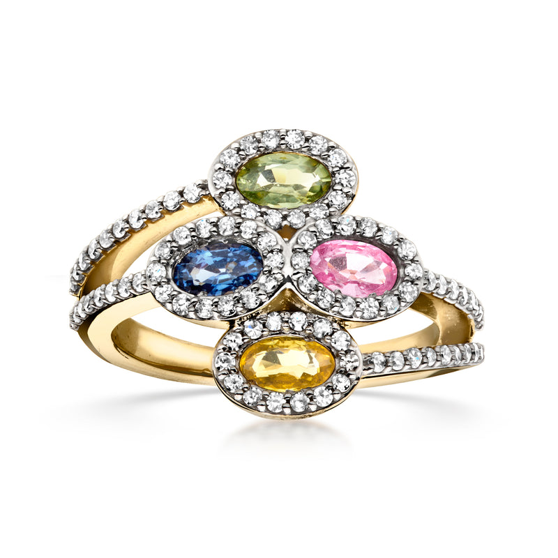 14kt yellow gold ring with multicolored sapphire ovals and diamond halos