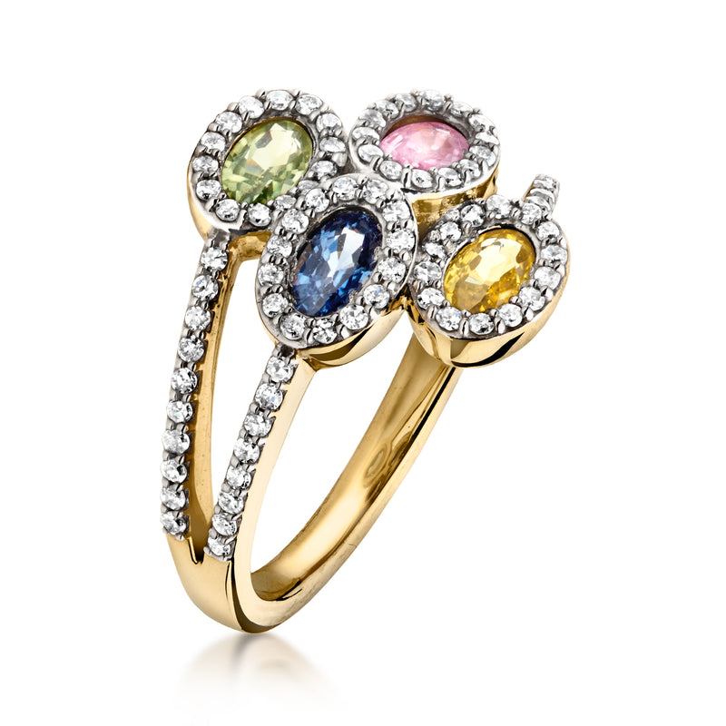 14kt yellow gold ring with oval green, blue, pink, and yellow sapphires and diamonds