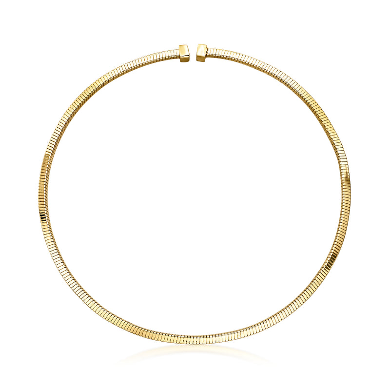 Yellow gold-plated omega necklace with bar clasp and fine textured chain links