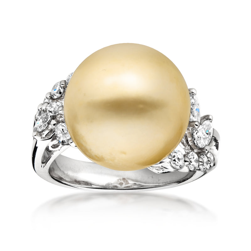 Golden South Sea pearl ring with round diamonds on white gold band