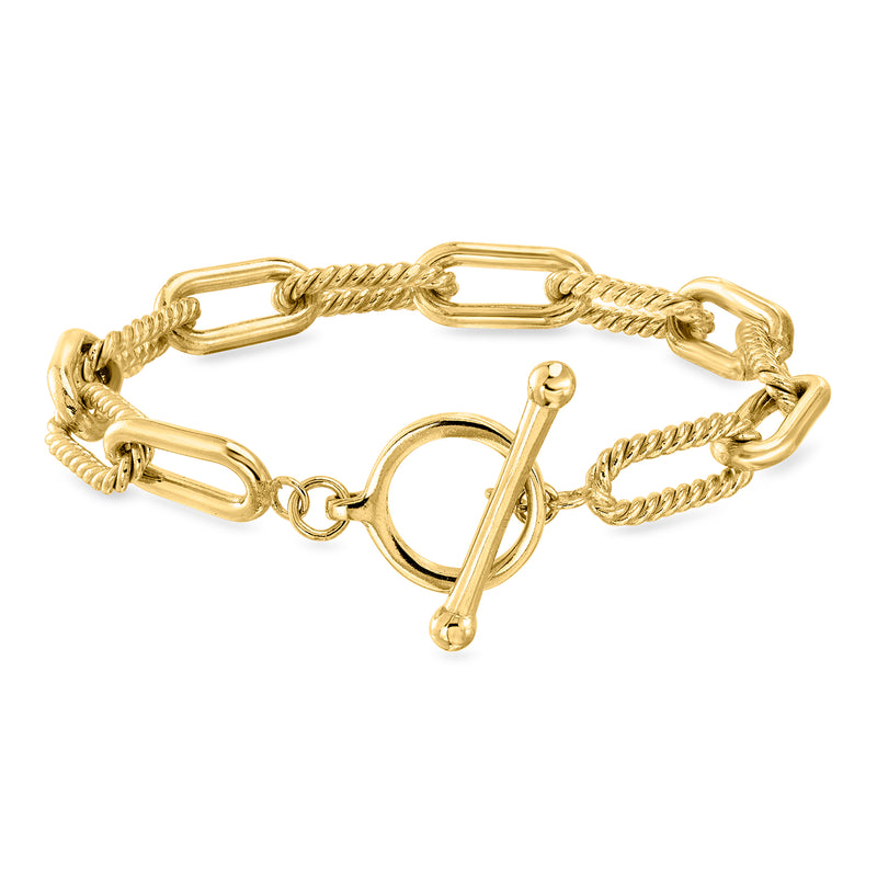 Gold paper clip-link toggle bracelet with heart-shaped clasp