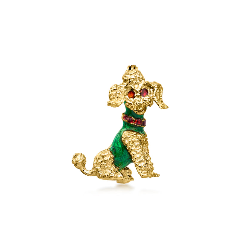 Poodle pin in yellow gold tone with green and red enamel details