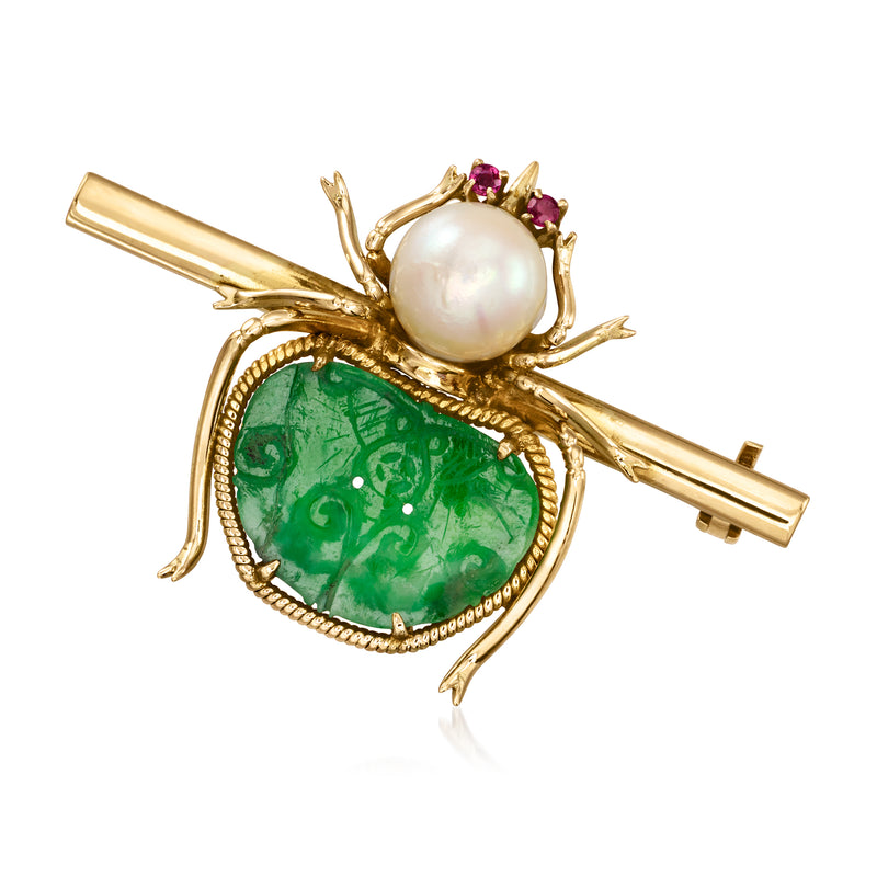 Vintage beetle lapel pin in 14kt yellow gold, carved green jade, pearl, ruby accents