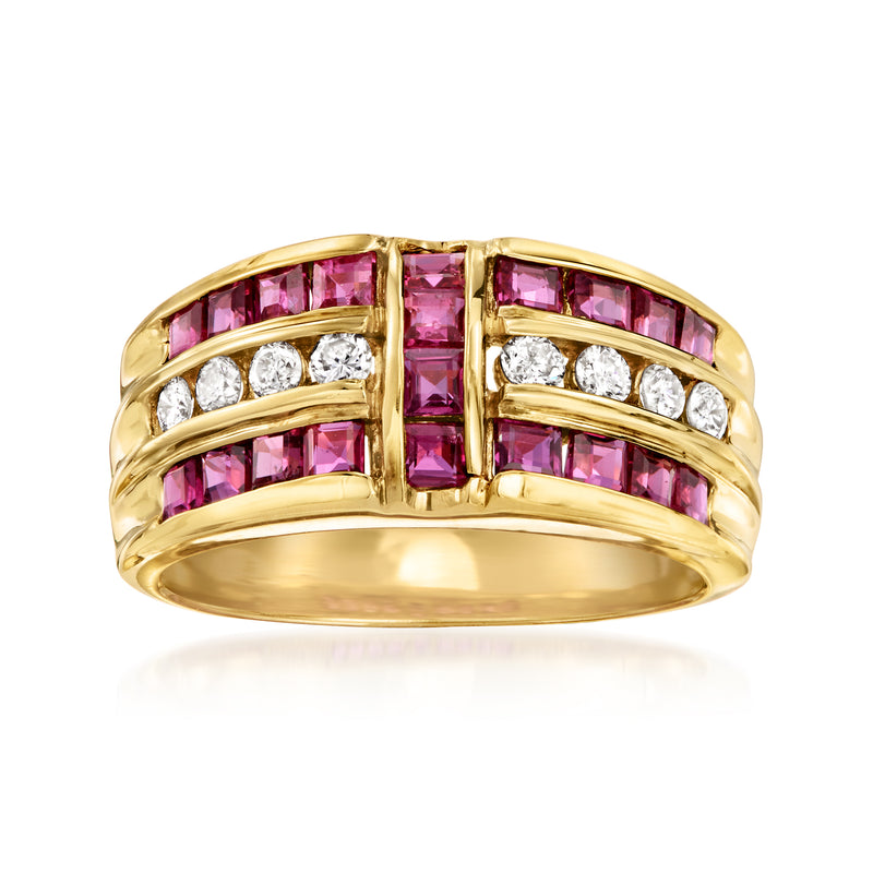 18kt yellow gold ring with purple baguette rubies and diamond rows across top
